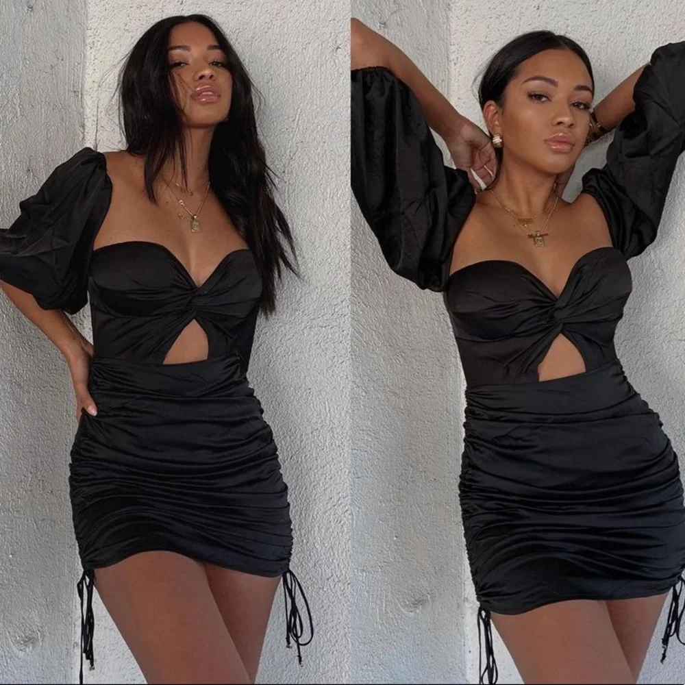 Pouf Sleeve Mini Dress, Black. NWT. Large. - Picture 1 of 3